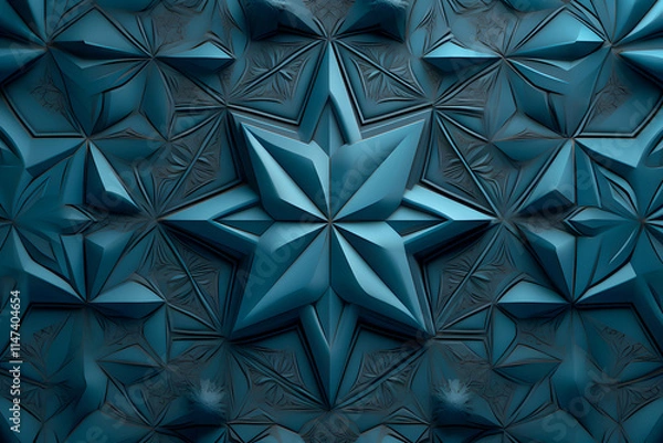Fototapeta Classic Blue Kaleidoscope Star Pattern on Teal Background for Home Decor, Branding, Packaging, Textile Design, Digital Art, Ads, Social Media, Stationery