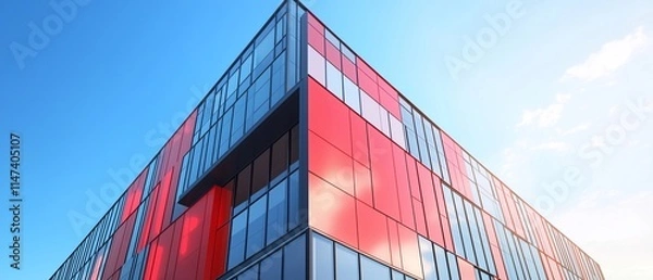 Obraz A striking corner of a modern building featuring bold red panels contrasting with clear blue sky and reflective glass windows. The sharp angles and geometric shapes create a dynamic visual.