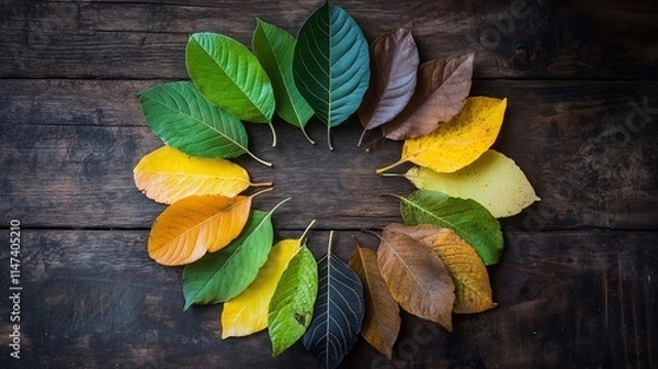 Obraz A circle of leaves in various stages of decomposition, representing the cycle of life and the changing seasons. The vibrant greens transition to yellows, oranges, and browns.
