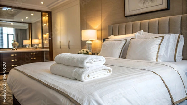 Obraz Folded towels on hotel room, bedroom with folded towels on crisp white sheets. Comfortable guest bedroom. Created with Generative AI.