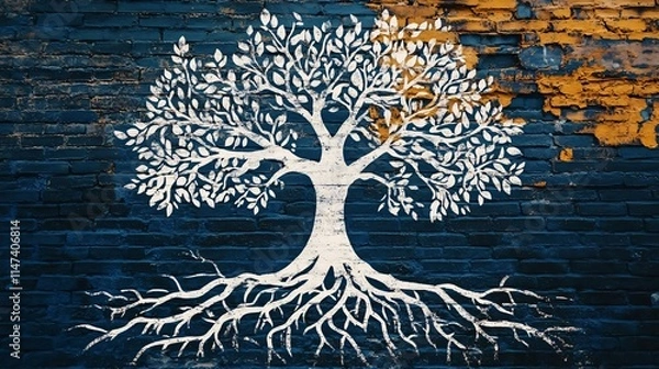 Fototapeta a tree in a stencil art form with interlocking roots, set against a brick wall