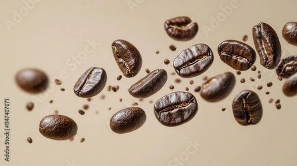 Fototapeta Flying coffee beans with coffee grounds on a light background. A dynamic close-up ideal for advertising, design, and coffee-related branding projects