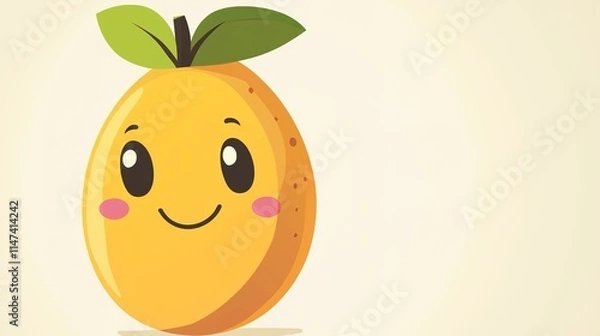Fototapeta Flat 2D Cartoon Mango with Dot Eyes, Simple Smile, Solid Colors, No Gradients, on White Background