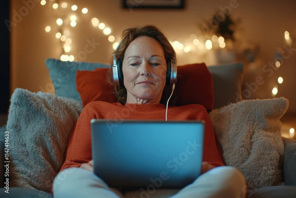 Obraz Woman in her 50s Participating in a Virtual Therapy Session while Relaxing at Home with Warm Lighting and Comfortable Furnishings