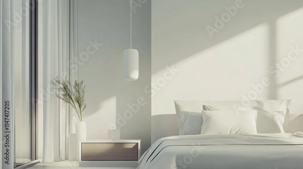 Fototapeta Minimalist modern bedroom with refined, clean decor. Featuring soft hues and sleek lines