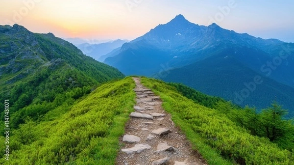 Fototapeta Scenic Mountain Pathway Through Lush Greenery at Sunrise
