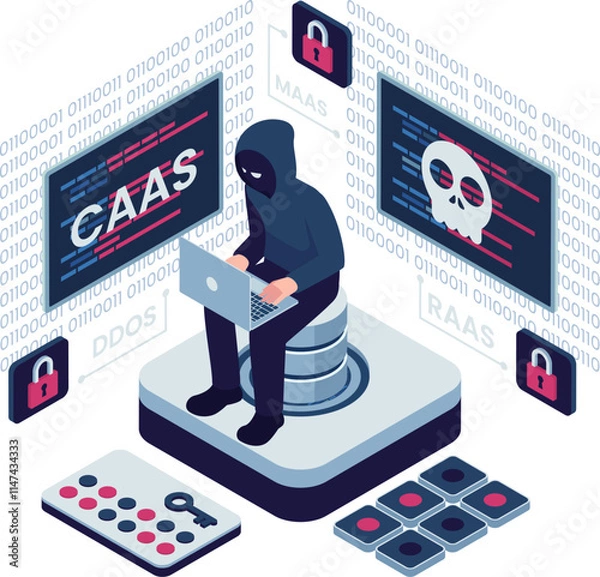 Fototapeta Isometric Cybercrime as a Service CaaS with Hacker and Threats