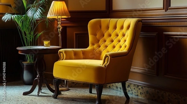 Fototapeta interior yellow armchair table and table lamp on color background isolated furniture