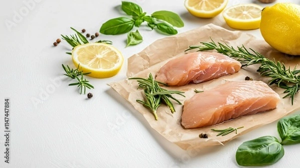 Fototapeta Fresh raw chicken fillets displayed with herbs and lemon slices, creating a clean and appetizing setup.