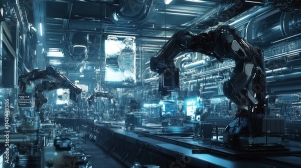 Fototapeta Futuristic factory interior with robotic arms and advanced technology.