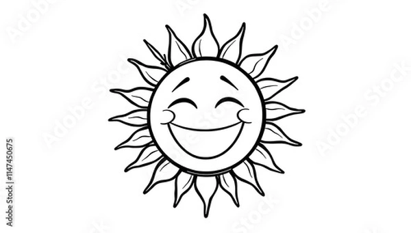 Fototapeta “Laughing Sun Outline Only, No Fill Color, Thicker Line” – A thick-lined doodle of a sun with a big laughing face, drawn in outline style with no fill color on a plain white background.
