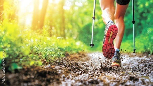 Fototapeta Runner splashing through mud during a trail run