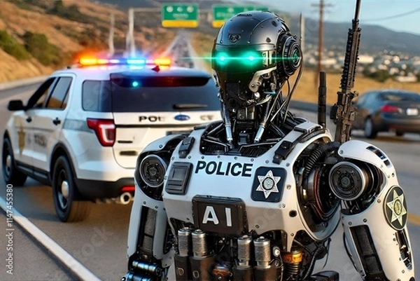 Obraz Advanced AI Robot Police Sheriff on Road Duty - Realistic Close-Up