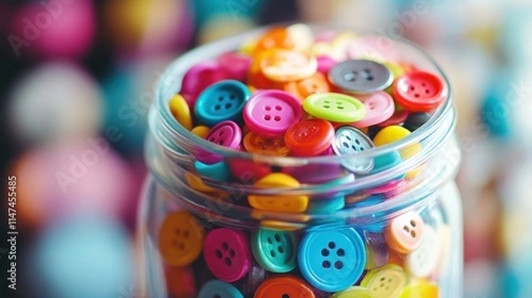 Fototapeta A glass jar filled with colorful buttons.
