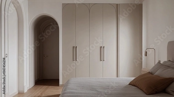 Fototapeta Minimalist bedroom with arched doorways and built-in wardrobe.