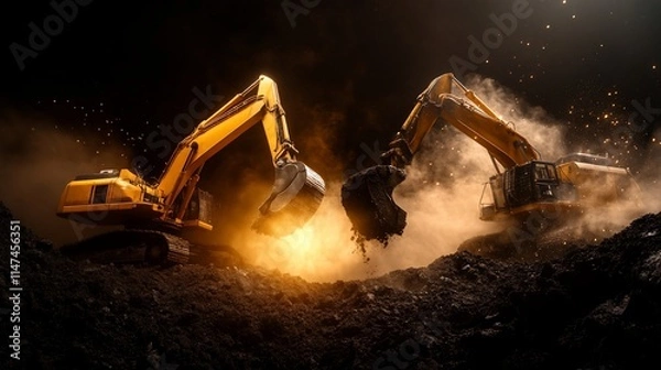 Fototapeta Two excavators working in a dusty construction site.