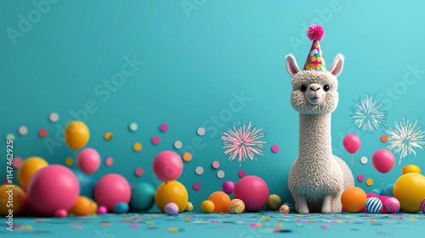 Fototapeta playful llama wearing party hat stands amidst colorful balloons and confetti, creating festive atmosphere filled with joy and celebration