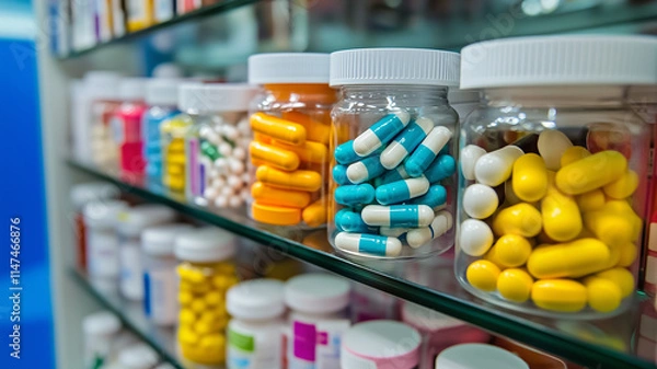 Obraz pills in a bottle on a shelf
