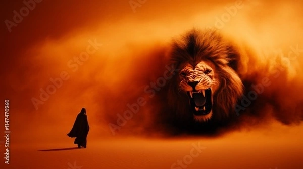 Fototapeta A figure stands before a massive roaring lion in a desert.