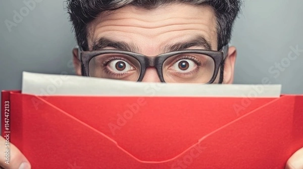 Obraz A close-up of a person's face, with one eye looking from behind a book, hiding their surprised look