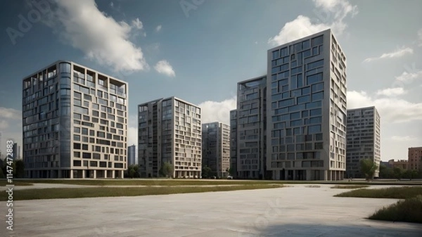 Obraz A series of leaning buildings, slightly tilted from the ground as a result of subtle tectonic shifts.
