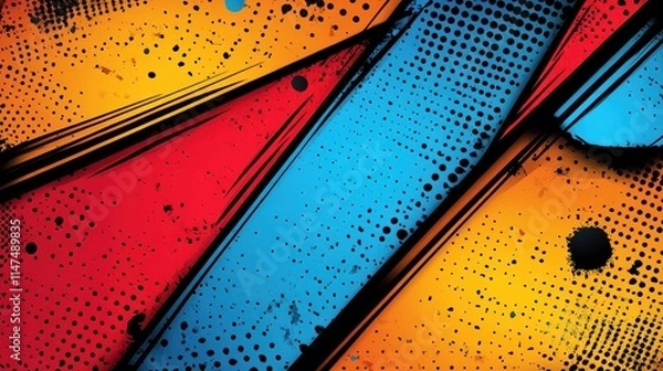 Fototapeta Abstract Colorful Grunge Background Design with Red, Blue, and Orange Stripes and Halftone Dots