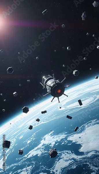 Fototapeta Space junk, space debris, floating in space, or earth atmosphere. galactic junk, 8k unreal engine photorealism, with white tones