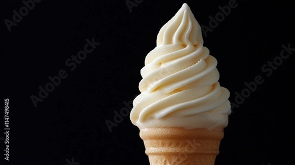 Fototapeta Close-up of a creamy vanilla soft serve ice cream cone against a black background.