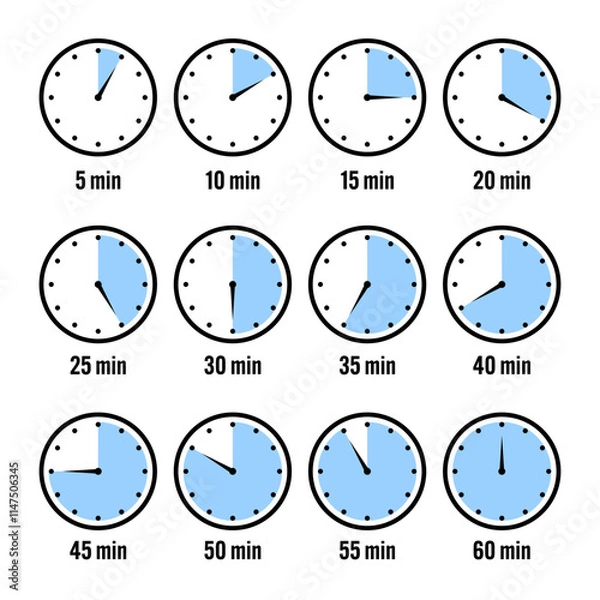 Obraz Stopwatch icons. Colorful simple chronometer, time counter with dial. Countdown timer showing hours and minutes. Deadline, measurement for sport. Cooking time label, sticker. Vector illustration