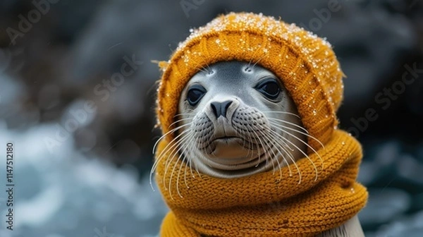 Obraz Baby seal in a cozy hat, sketching the ocean