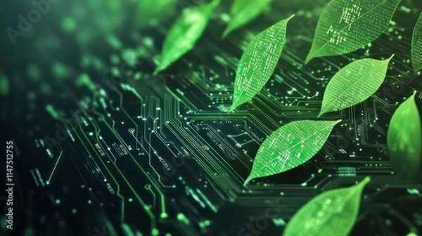 Fototapeta Green leaves on a circuit board, representing technology and nature's fusion.