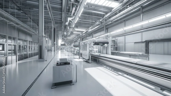 Fototapeta Modern automated production line in a large industrial warehouse.