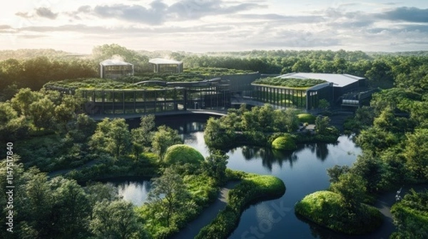 Fototapeta Modern Eco-Friendly Building Surrounded by Lush Green Landscape and Tranquil Water Feature Under a Bright Blue Sky with Fluffy Clouds