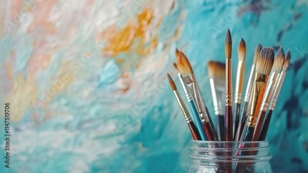 Fototapeta A glass jar filled with paintbrushes against a backdrop of colorful abstract artwork.