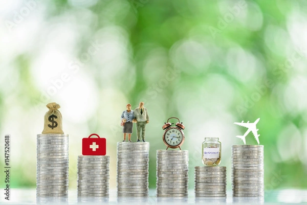 Fototapeta Financial planning, savings for retirement and a secure future : Stacks of coins and various symbolic objects placed on top of them, depicting concepts of healthcare, leisure travel, and retirement.