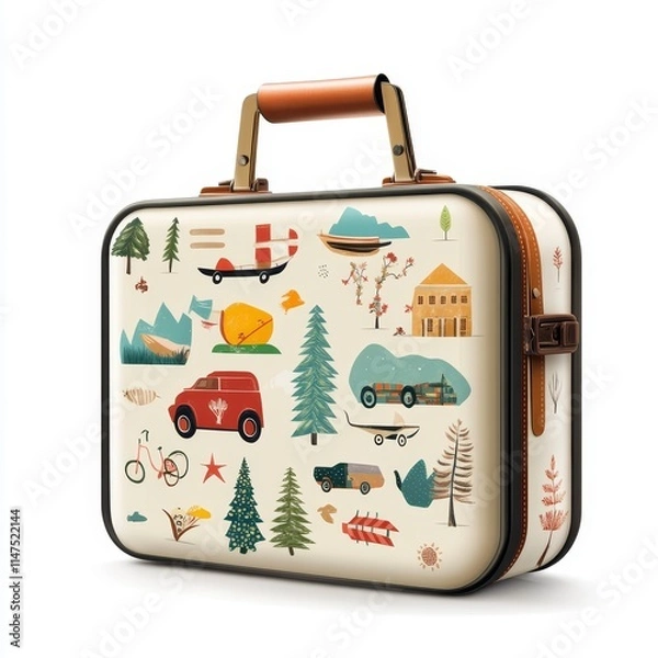 Fototapeta Vintage Style Travel Suitcase with Illustrated Nature Icons Featuring Trees, Mountains, Vehicles, and Outdoor Elements for Perfect Travel Aesthetic