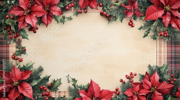 Fototapeta Poinsettia icons arranged in a harmonious holiday layout, surrounded by a plaid border, with intricate textures and layering. A festive design evoking warmth, celebration, and timeless charm.