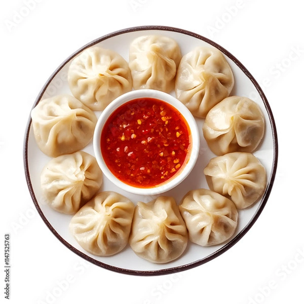 Fototapeta Plated momo dumplings with red chili dipping sauce isolated on transparent background, cut out, PNG