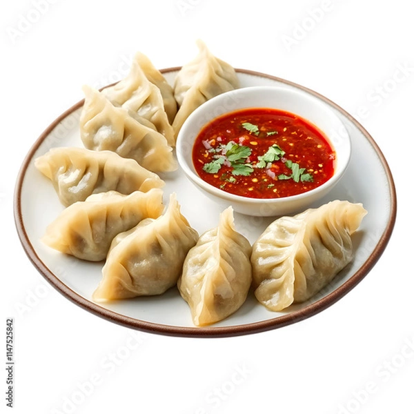 Fototapeta Plated momo dumplings with red chili dipping sauce isolated on transparent background, cut out, PNG