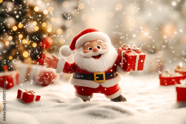 Fototapeta Christmas 3d Santa Wallpaper with Christmas tree, ornaments, and falling snow, for a Christmas card or backdrop, with a festive, playful, and bright feel
