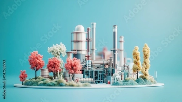 Obraz A miniature model of an industrial factory with trees growing around it, on a blue background.