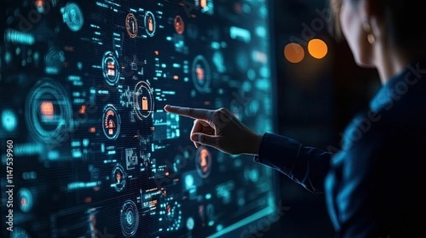 Fototapeta Person interacts with glowing digital interface.