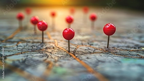 Fototapeta Red pins mark locations on a textured map, signifying travel destinations or important places.