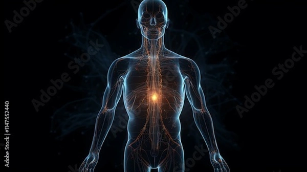 Obraz 3D rendering of human anatomy with glowing energy core.
