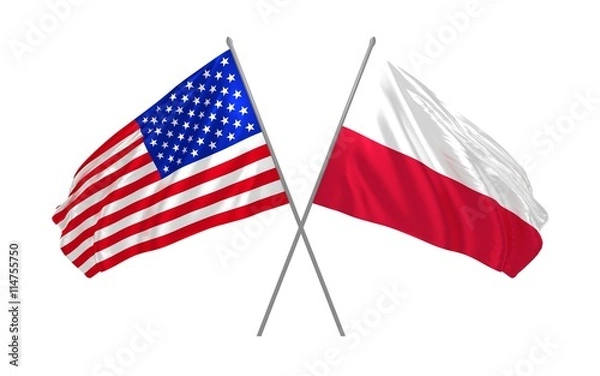 Fototapeta 3d illustration of USA and Poland flags waving in the wind