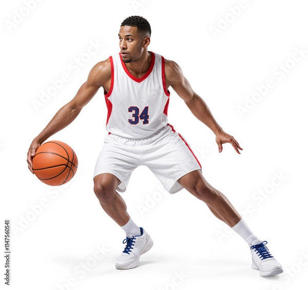 Fototapeta basketball player in white jersey with number 34 maneuvering a ball on isolated background