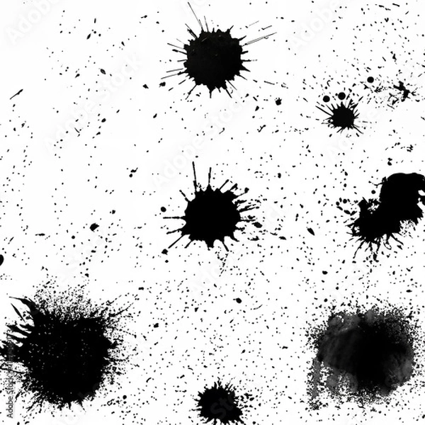Fototapeta Abstract grunge texture with black ink splatters and speckles on a white background, ideal for designs and overlays.