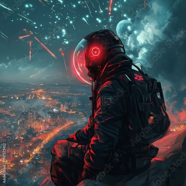 Obraz Astronaut overlooking futuristic city at night, meteor shower.