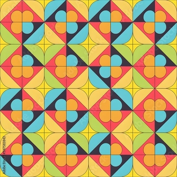 Fototapeta Retro Geometric Design Seamless Pattern with Interlocking Shapes in Orange, Blue, and Yellow