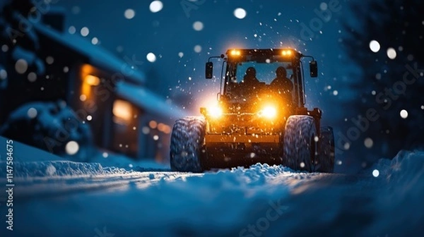 Fototapeta A snow-covered road illuminated by a tractor"s headlights, creating a serene winter night scene with falling snowflakes.